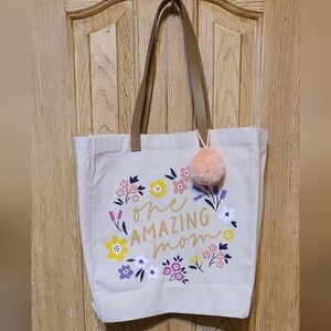 Floral Canvas Tote Bag with Pom Pom